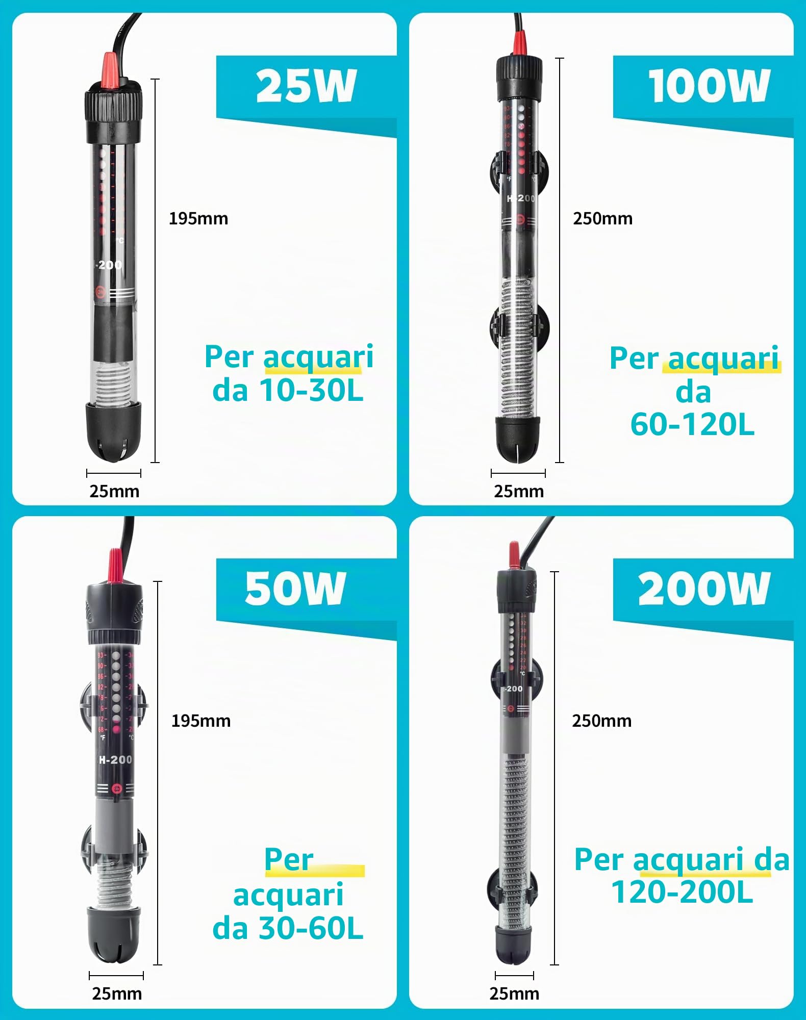 Riscaldatore per Acquario 60L 50W Riscaldatore Sommergibile Riscaldatore Termostato Regolabile Termoriscaldatore Acquario per Serbatoi di Pesce e Acquario 30L-60L (20-34°C, 50W)