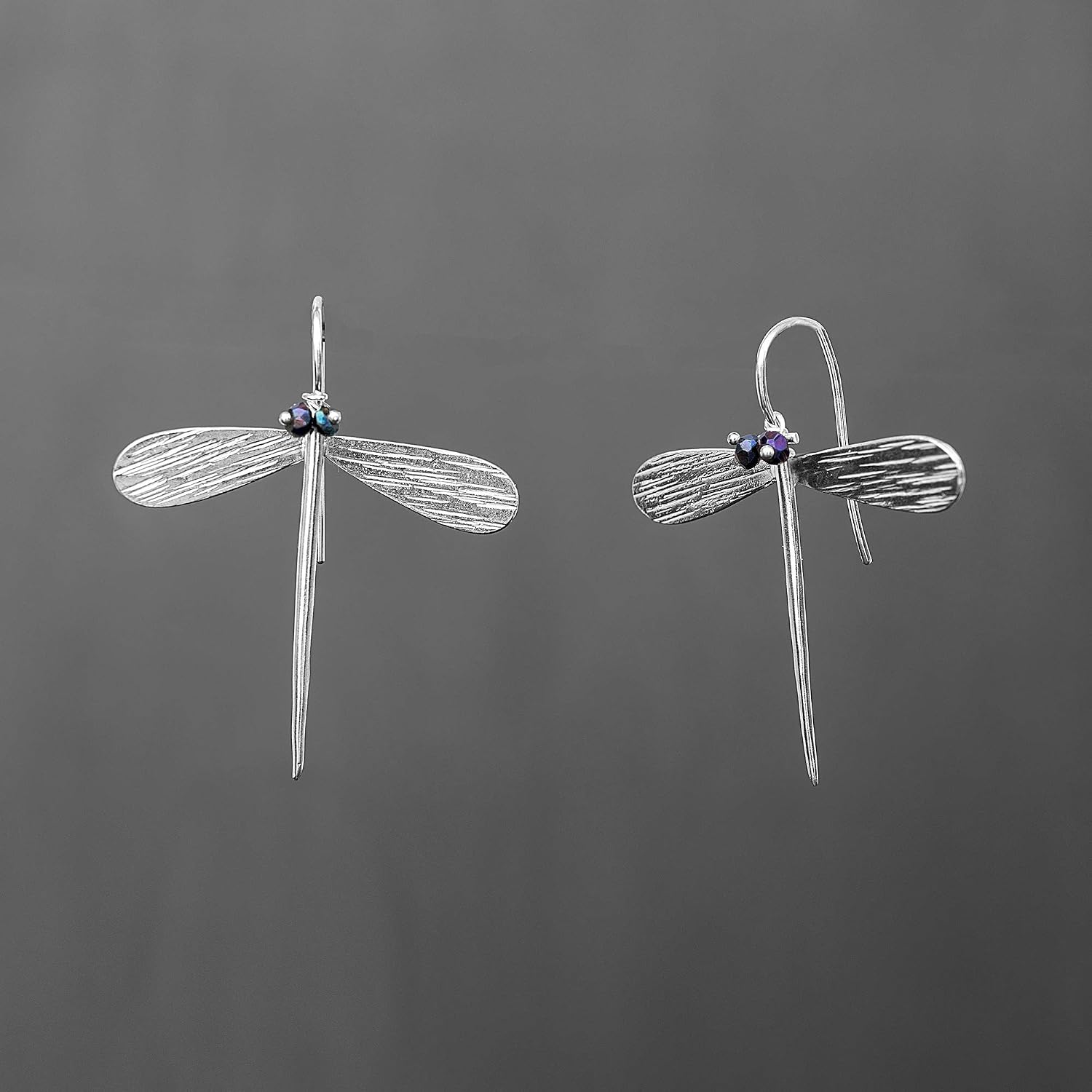 Dragonfly Drop Earrings, Gold Plated 925 Sterling Silver, Luminous Elegant Hypoallergenic - Handmade by Emmanuela