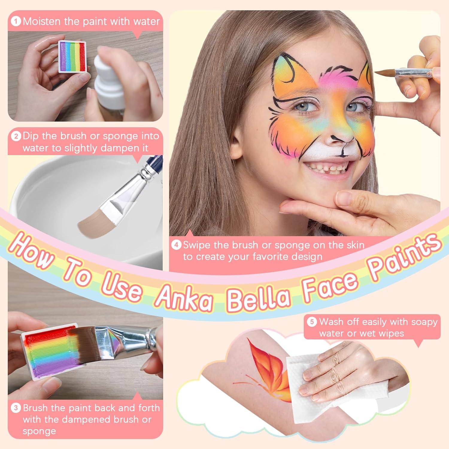 Anka Bella Professional face painting kit for kids，Hypoallergenic & Non-Toxic water based face paint include 26 split cake/1 rainbow cake,Gift for Birthday Parties/Halloween/Carnival - Image 7