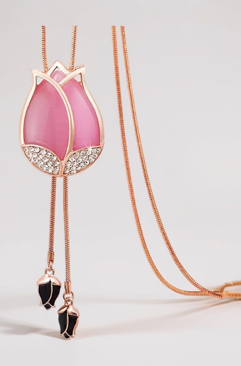 Latest Crystal Opal Tulip Flower Long Chain Pendant Necklace for Women and Girls