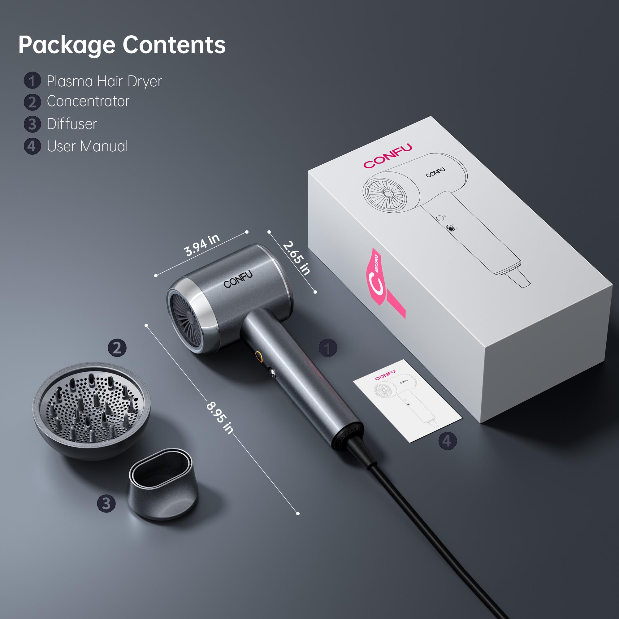 CONFU Plasma Ionic Hair Dryer with Diffuser and Concentrator