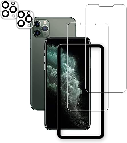Marco de fácil alineación diseñado para iPhone 11 Pro Max Protector de pantalla de vidrio templado 2-Pack Película protectora de lente de cámara