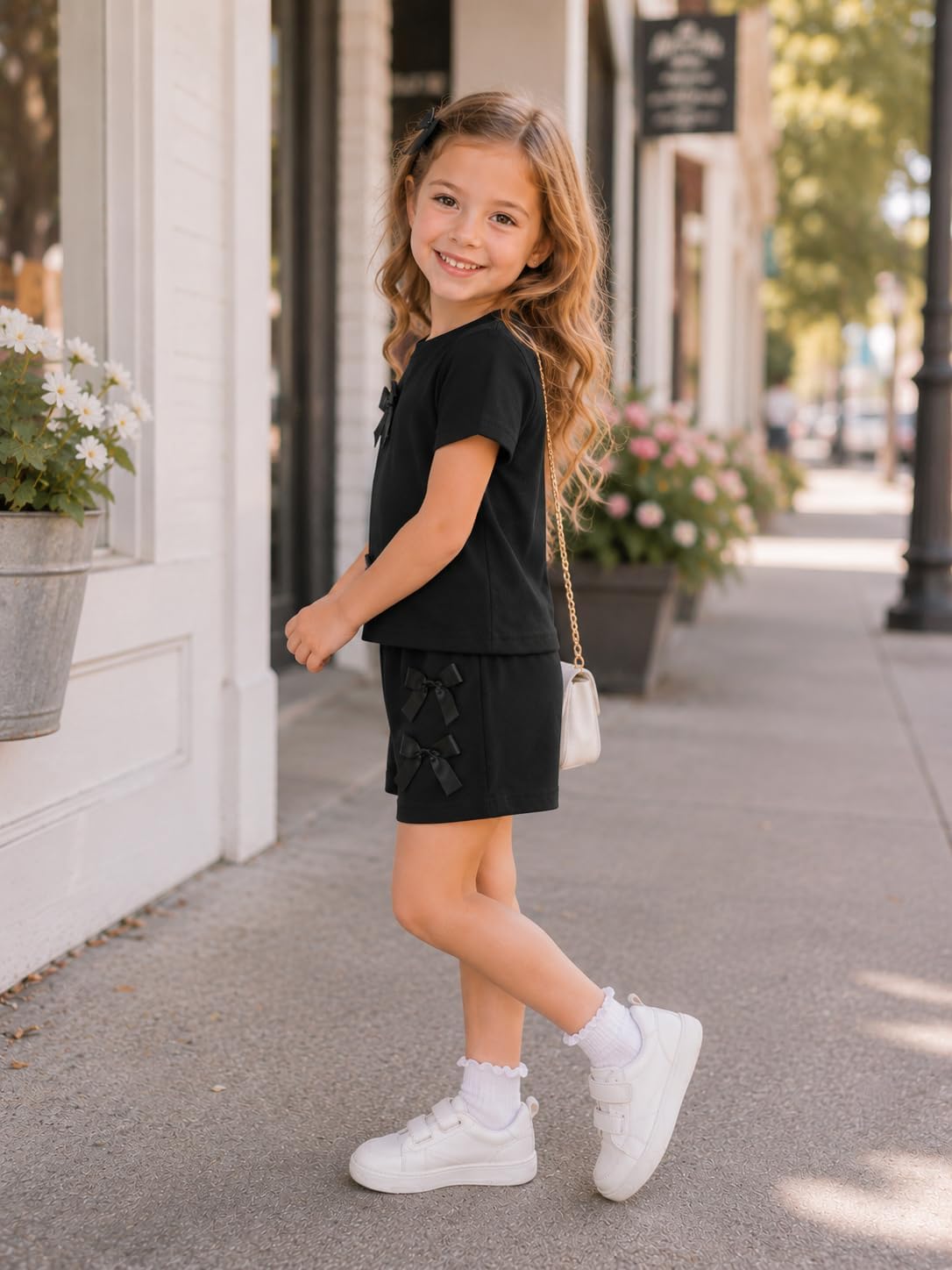 Toddler Girls Clothes Summer Short Sleeve T-Shirt + Striped Skort 2pcs Bow Outfit Set For Girls, Size 4-8 Years