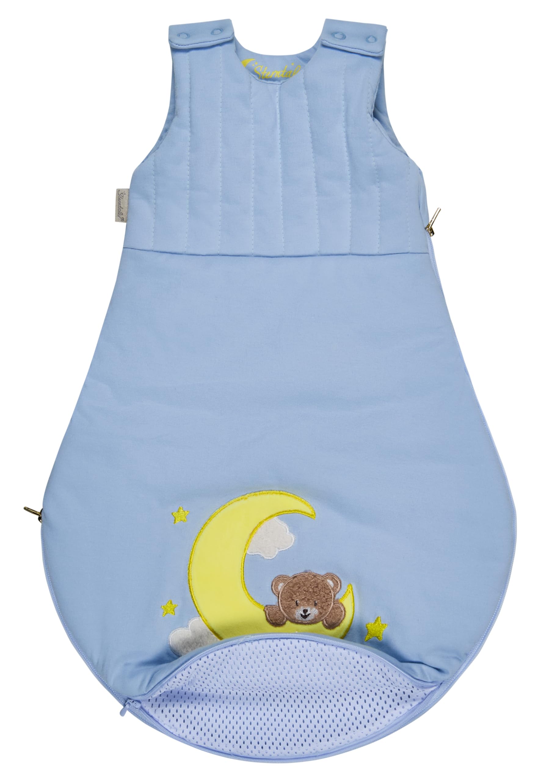 Sterntaler Babyschlafsack 62/68 cm Bär Bo, leichter Schlafsack mit Applikation, Singlejersey-Futter, Wattierung, Zwei-Wege-Reißverschluss, Mesheinsatz, eisblau, 1,50 TOG, Größe 68 Baby