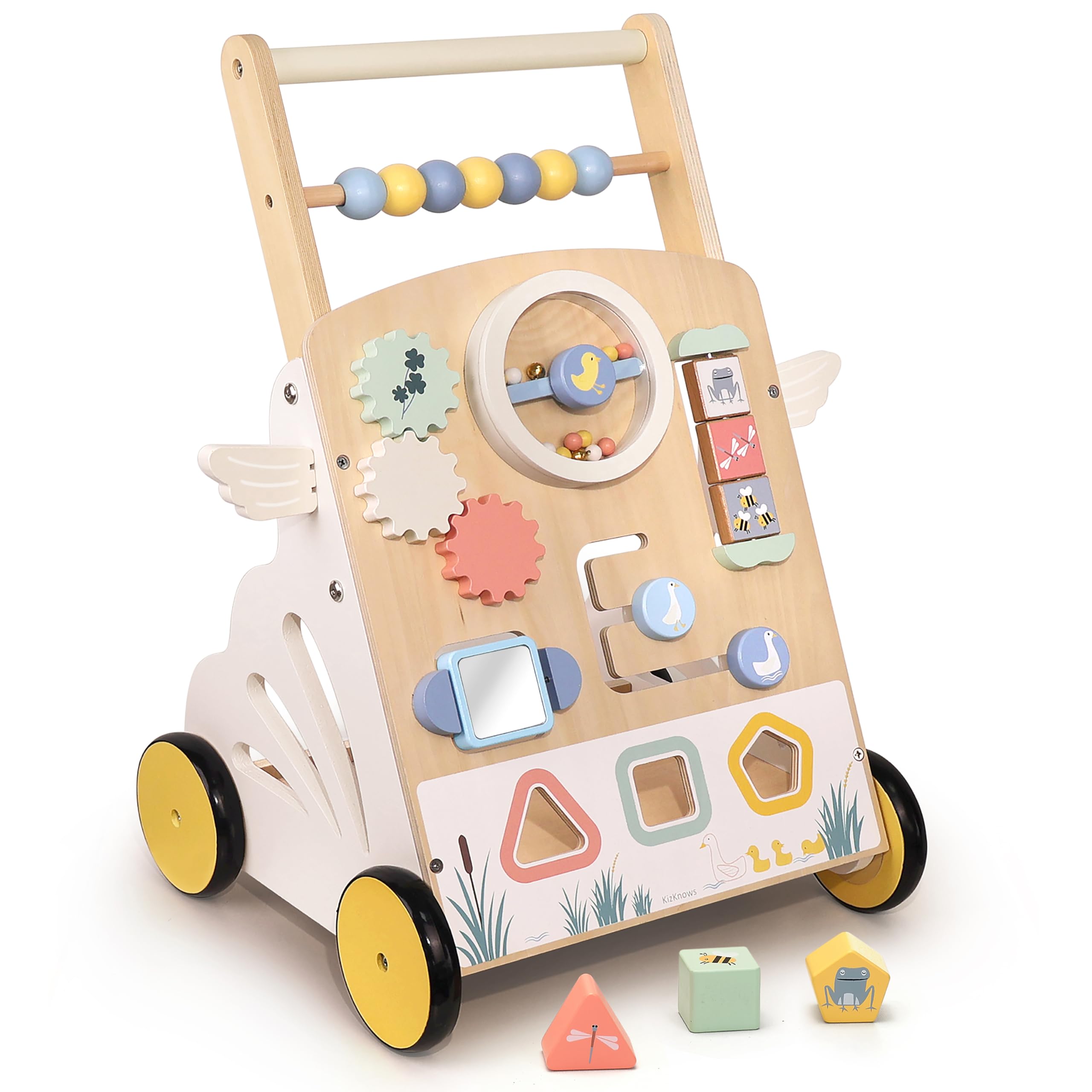Wooden Baby Walker, Speed Adjustable Little Swan Baby Push Walker | Walker for Baby with Montessori Activity Center for 12+ Months Learning to Walk, Kids Development Gift