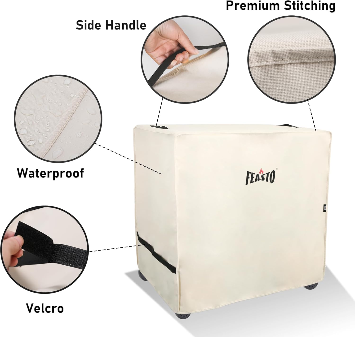 Close-up of Feasto Outdoor Grill Cart Cover showing side handle, Velcro strap, waterproof material, and premium stitching details
