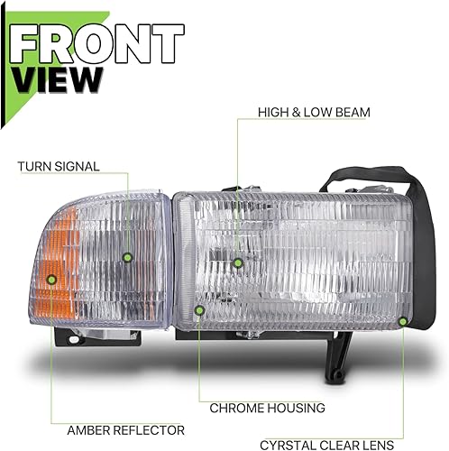 Miniatura 2 de Magshion Conjunto de faros delanteros preinstalados compatibles con Dodge Ram 94-02 carcasa cromada de repuesto de lente de cristal transparente