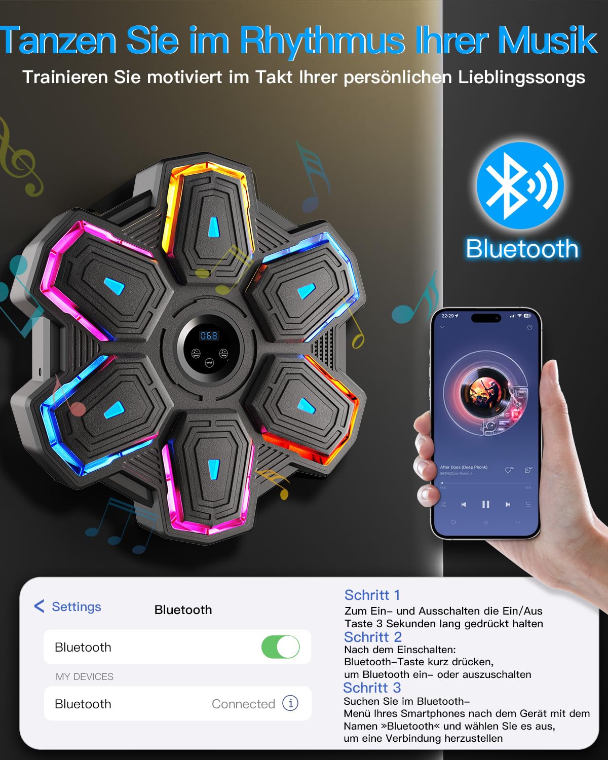 Music Boxing Machine, Cloudlike Weiche Ziele, 10 Geschwindigkeit und 9 Modi mit Boxhandschuh, LED-Licht mit Smart Bluetooth für Erwachsene und Kinder Übung