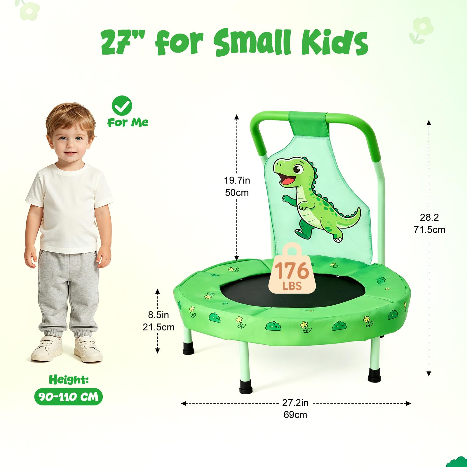 FUNLIO Trampolino Mini Unicorno 27" per Bambini, con Maniglione di Sicurezza, Design a Tema Arcobaleno, Pieghevole e Portatile per Interno/Esterno - Certificato CPC & CE