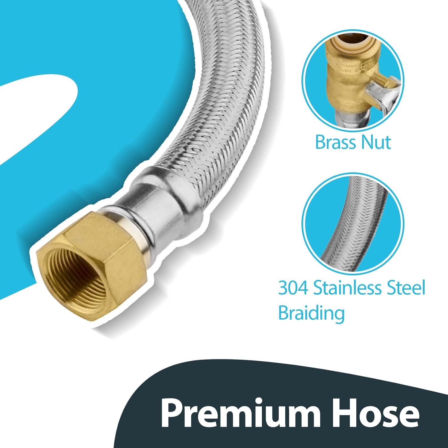 (1 Pack) Seelink 15-Inch Stainless Steel Flexible Heater Hose, 3/4 Inch Push-fit Ball Valve x 3/4 Inch FIP, Push-to-Connect for Copper, PEX, and CPVC