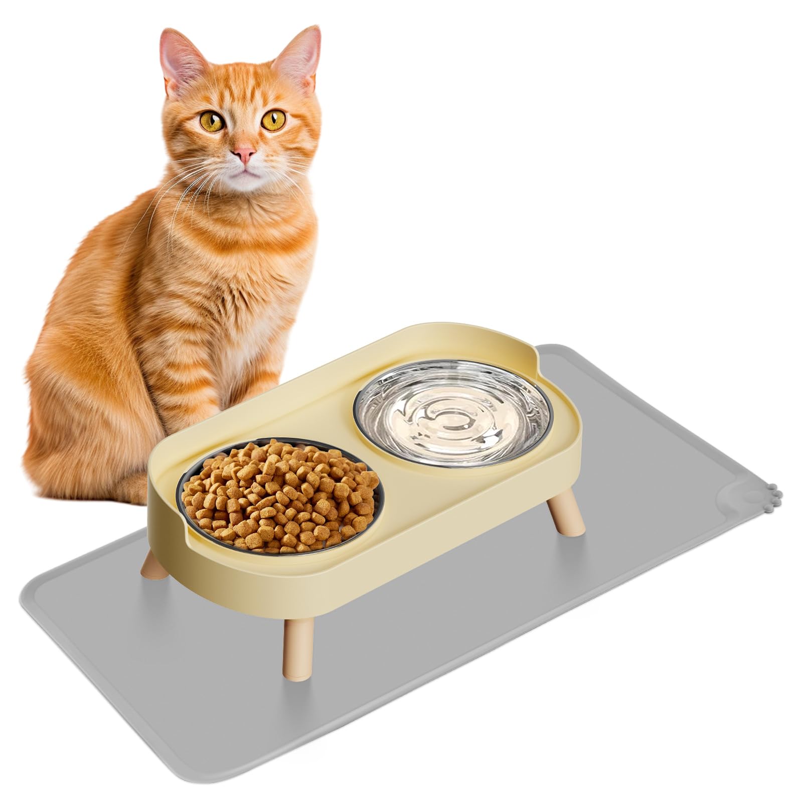Elevated Cat Bowl with Food Mat, Raised Cat Food and Water Bowl Set for Indoor Cats, Splash Proof with 2 Stainless Steel Pet Food Bowls for Cat and Puppies,Whisker Fatigue and Dishwasher Safe (Yellow)