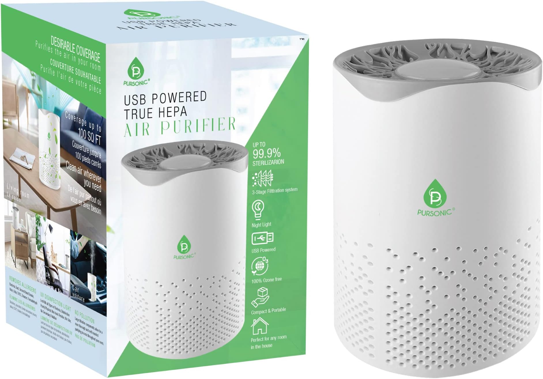 Pursonic USB Powered Air Purifier With Night Light For Home,Office, Car, 100SQ Coverage, Clean Air Wherever You Need, Cleans Second Hand Smoke, Haze, Odor, Pollen And More