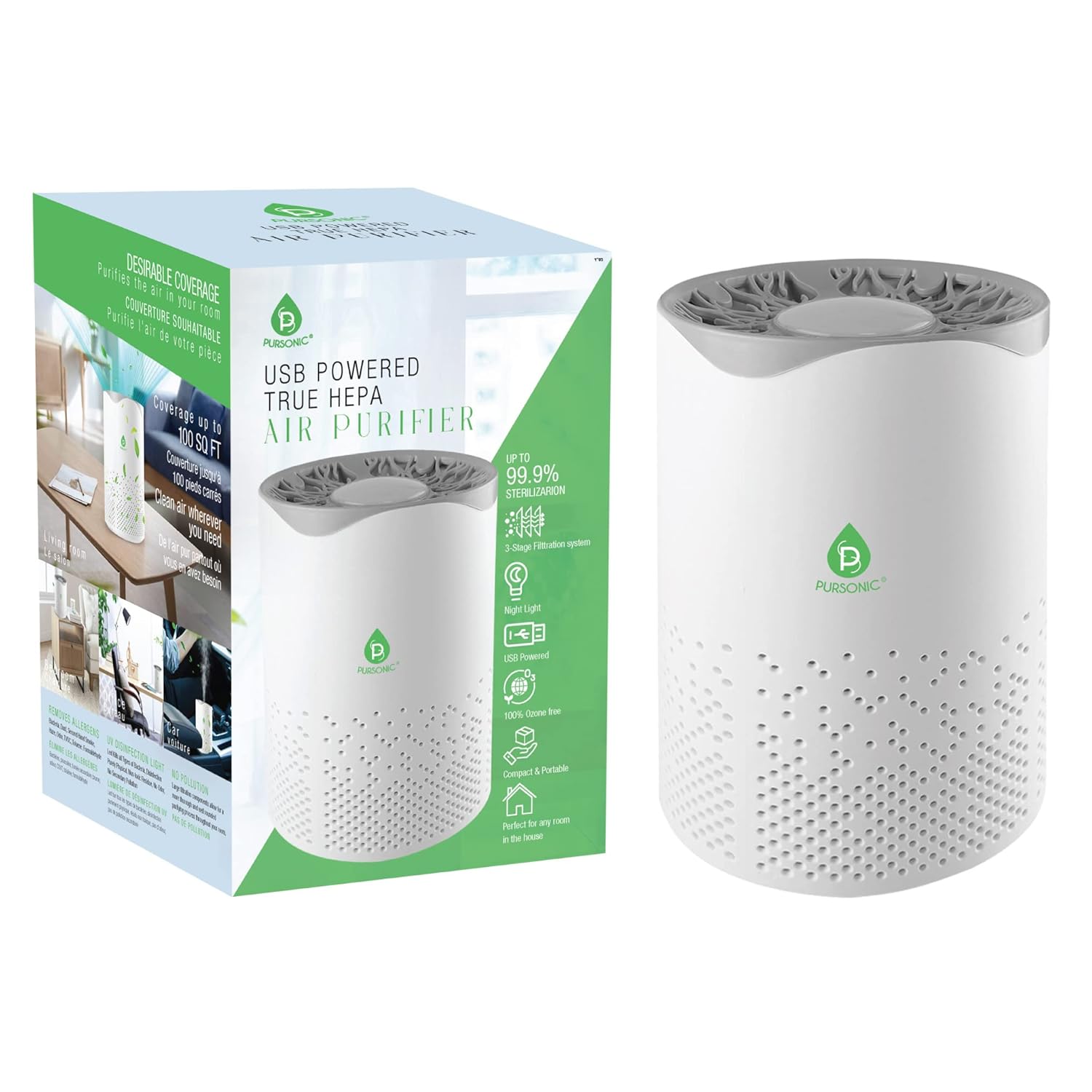 Pursonic USB Powered Air Purifier With Night Light For Home Office Car 100SQ Coverage Clean Air Wherever You