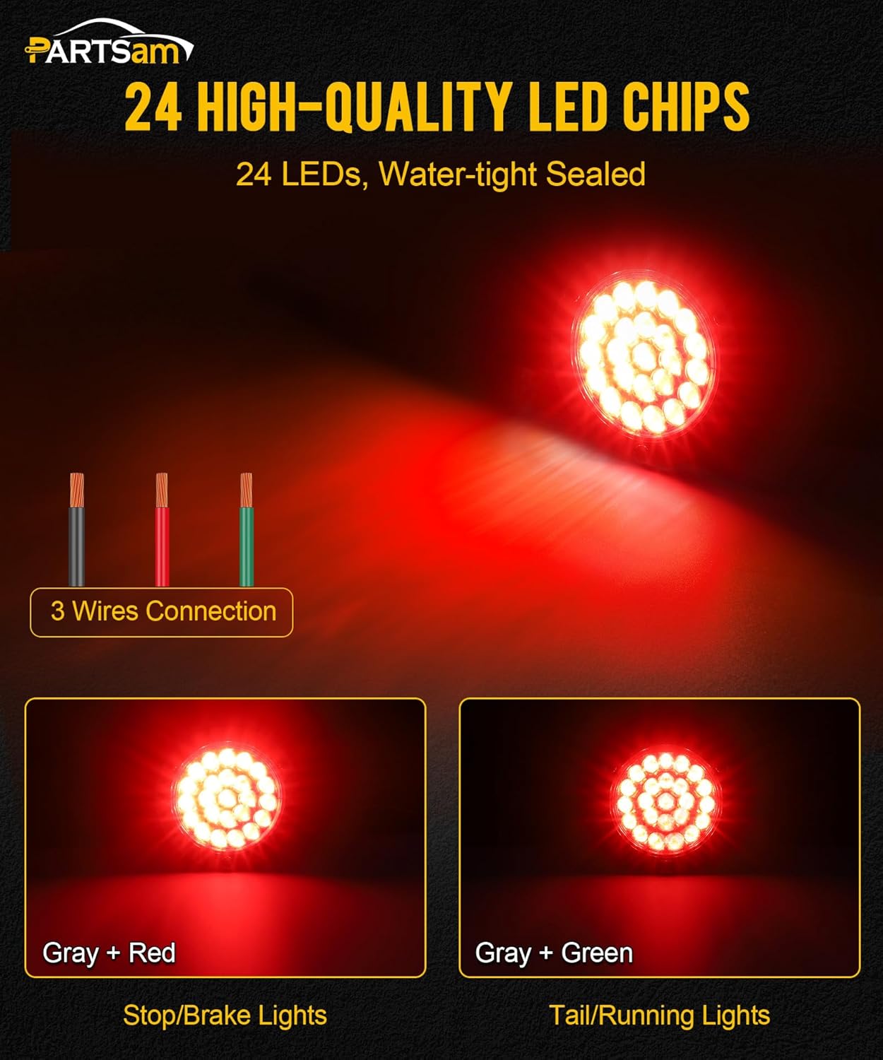 Partsam 10x 4 Round Led Trailer Tail Lights Red 24LEDs Flange Mount Sealed Chrome LED Stop Turn Tail Lights Marker Clearance Brake Running Taillights Hardwired Waterproof for RV Trucks 12V DC