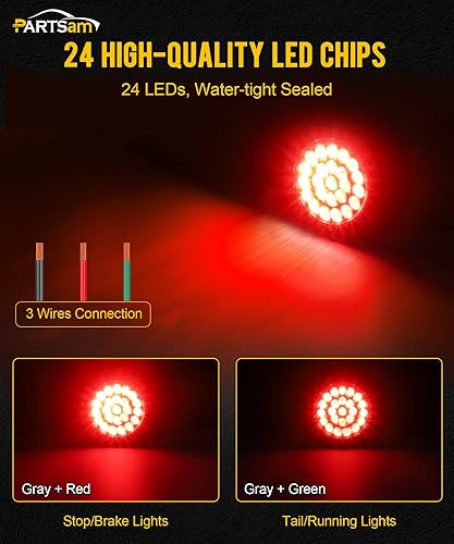 Miniatura 3 de Partsam 10 luces traseras LED redondas para remolque, 24 LED, montaje en brida, selladas, cromadas, luces traseras, marcadoras, freno,