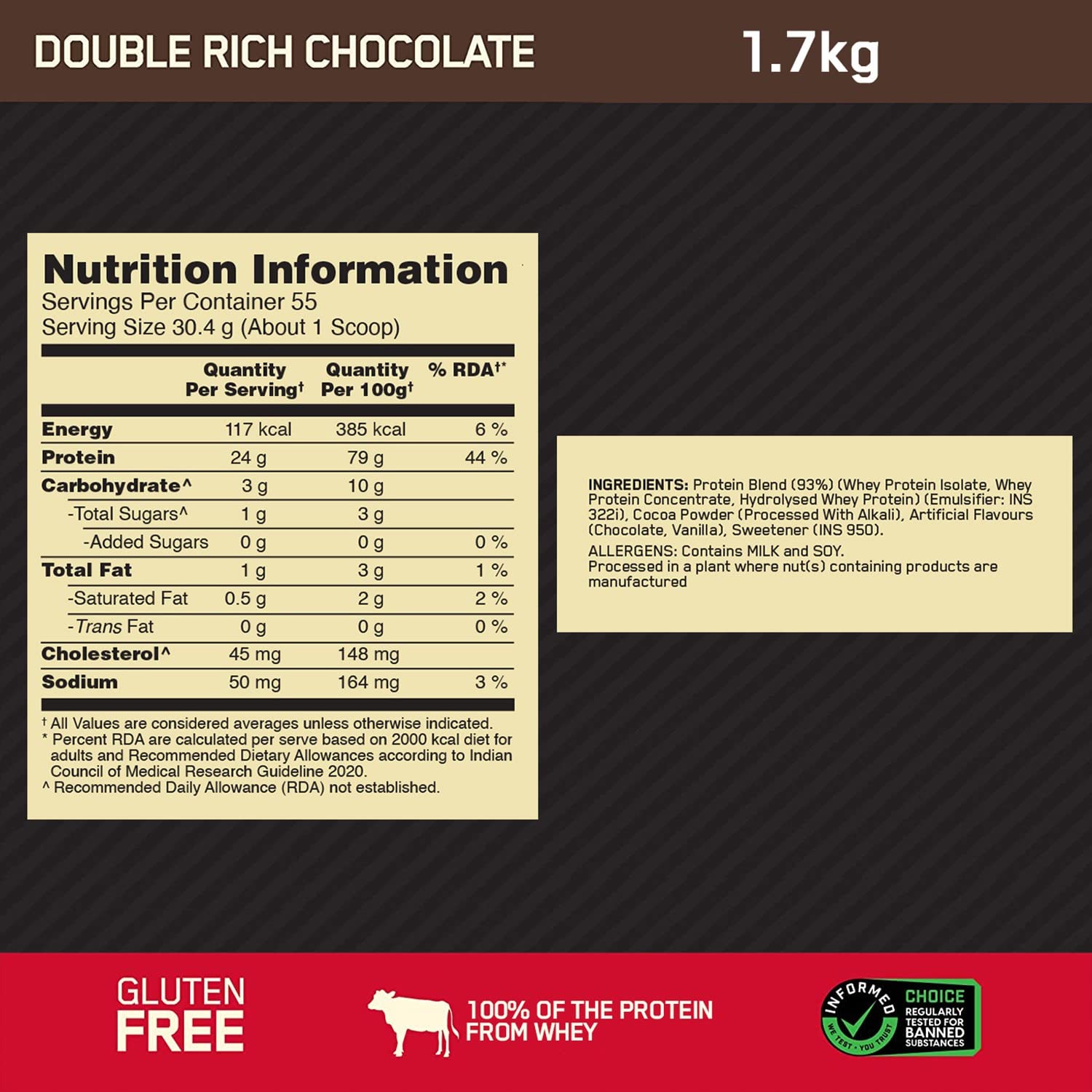 Optimum Nutrition (ON) Gold Standard 100% Whey Protein Powder 1.7 Kg (Double Rich Chocolate), 55 Serves, for Muscle Support & Recovery, Vegetarian - Primary Source Whey Isolate — Amazon image 8
