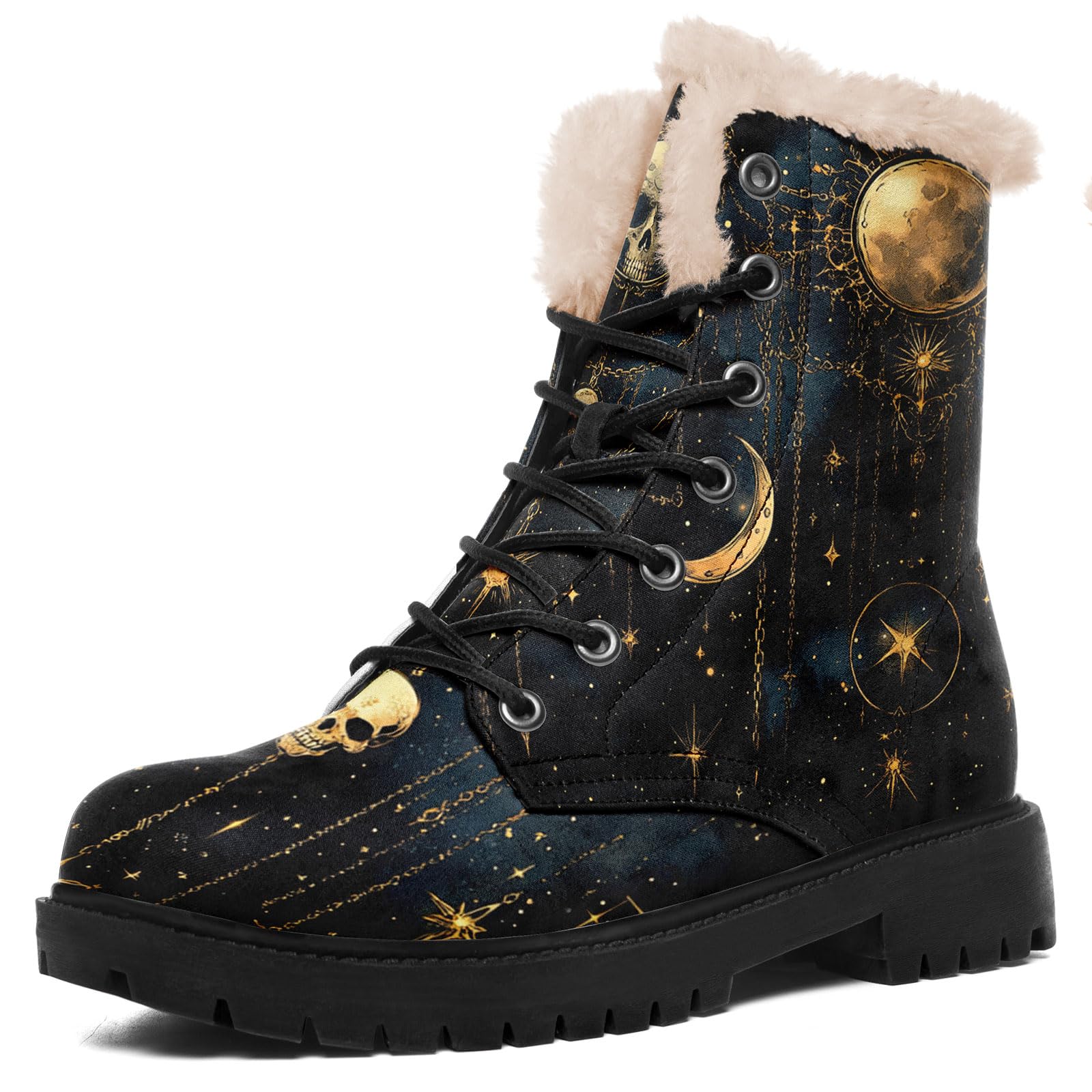 Womens Fur Lined Winter Boots Warm Vegan Leather Forest Style Snow Boots Non-Slip Comfort Ankle Combat Booties