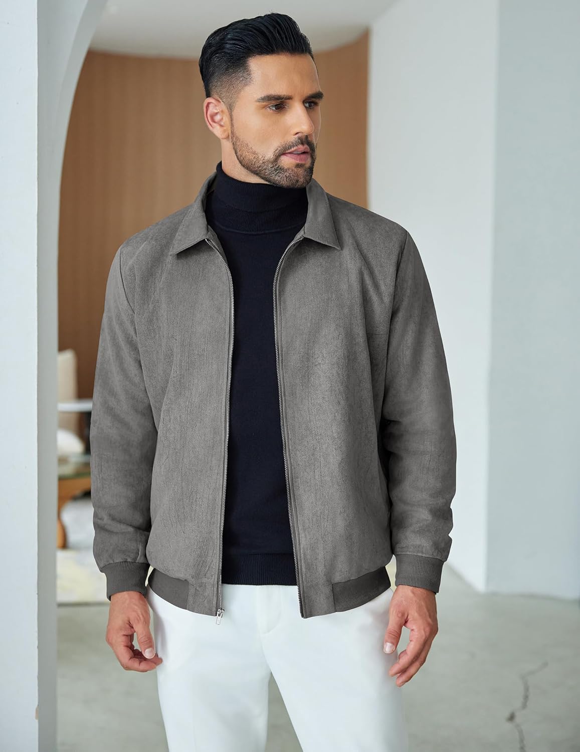 COOFANDY Men's Casual Suede Bomber Jacket Lightweight Full Zip Up Jackets Vintage Faux Leather Jacket - Image 3