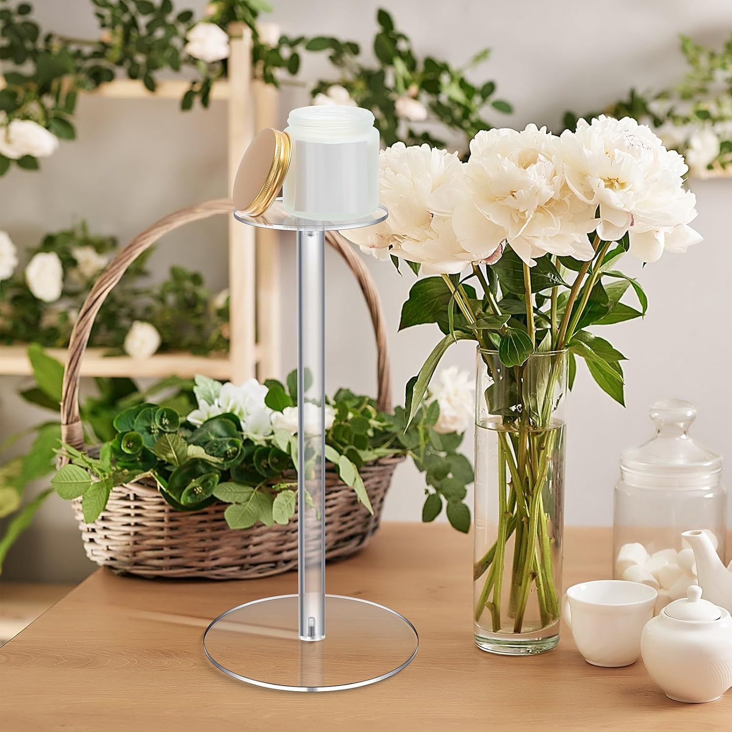 16 Pcs Acrylic Hat Stand 12" to 17" Adjustable Clear Wig Display Rack Nonslip Round Barbell Base Hat Rack Decorative Hat Holder Wig Stand Holder for Hats Watch Jewelry Storage Table (Thicker)