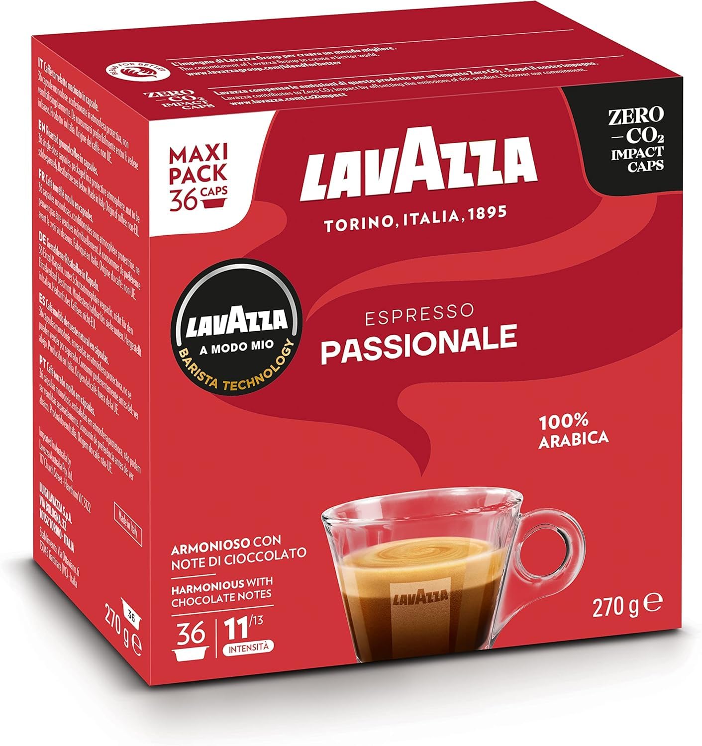 Lavazza, A Modo Mio Espresso Passionale, 1 Paquet de 36 Capsules de Café, avec Notes Aromatiques de Caramel et Chocolat, 100% Arabica, Intensité 11/13, Torréfaction Foncée
