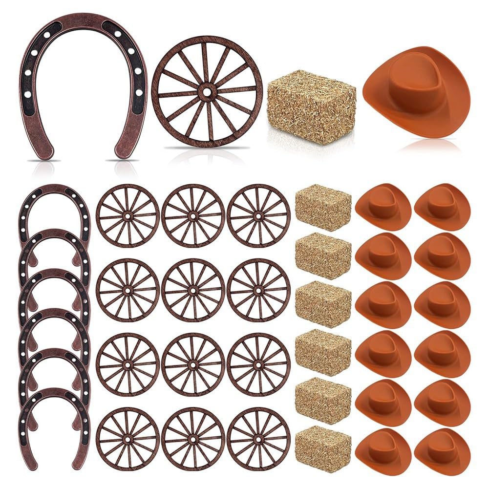 CTRLZS 36PCS Western Party Decorations Mini Horseshoe Brown Cowboy Hat Wheel Hay Bales Suitable for Crafts and Cowboy Favors