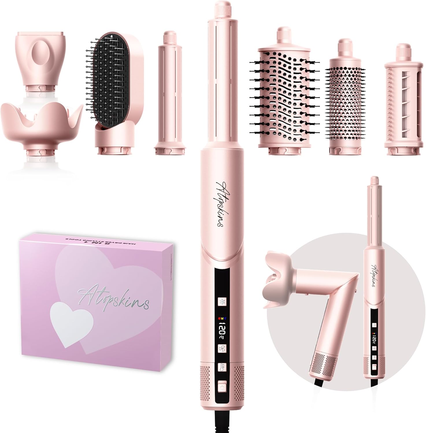 atopskins 8-in-1 blow dryer brush & air styler: high-speed 11,000 rpm hair dryer brush foldable, display auto curler, powerful multi-styler 150m ions fast drying curling straightening volumizing