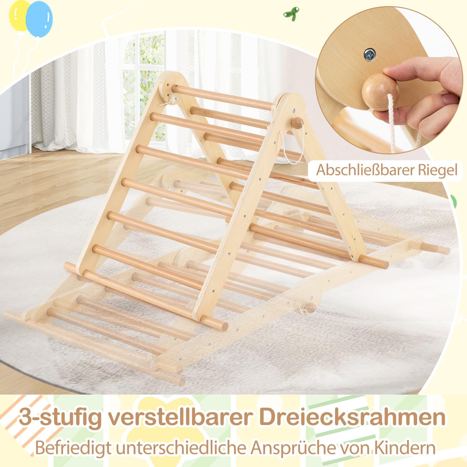 FANTASK 3 in 1 Kletterspielzeug Indoor, Sprossendreieck Holz, Kletterdreieck Set für Kinder ab 3 Jahren, 115 x 69 x 59 cm, Natur