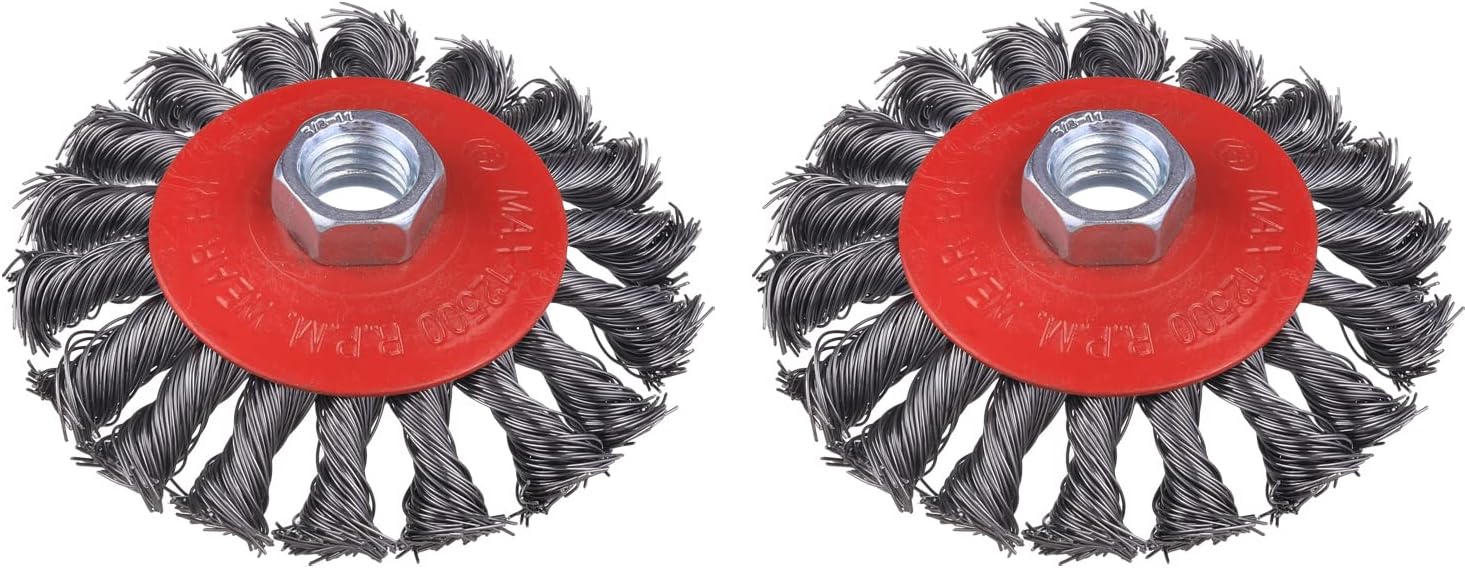 WENORA Wire Wheel for 4 1/2 Angle Grinder, 2 Pack 4 Inch Twist Knotted Wire Wheel for Grinders, with 5/8 Inch-11 Threaded Arbor, Angle Grinder Wire Wheel for Heavy&Light Duty Work