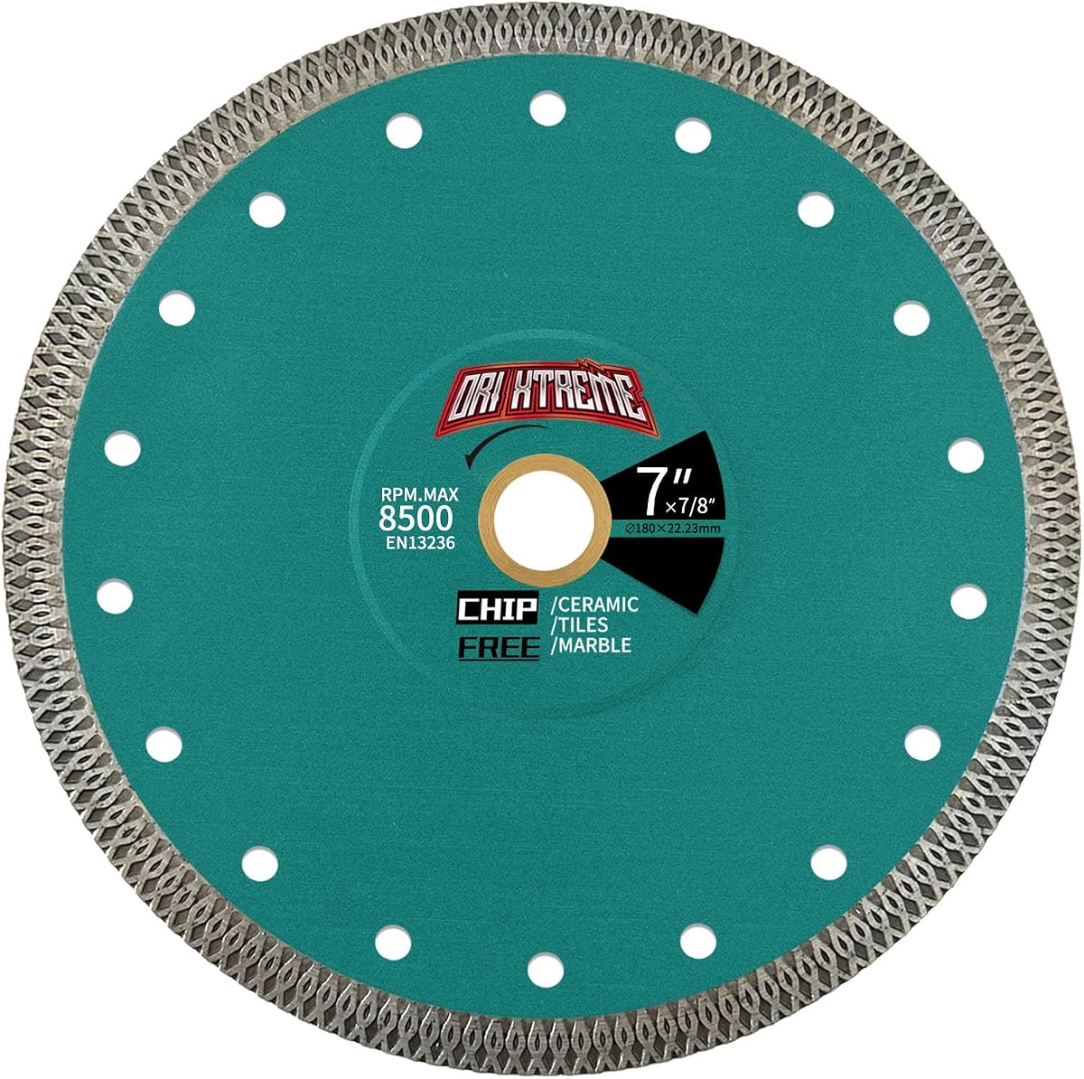 7Inch Diamond Tile Blade for Porcelain, Tile, Ceramic, Marble, Granite - Dry/Wet Cutting, 7/8'-5/8' Arbor, X-Teeth Rim