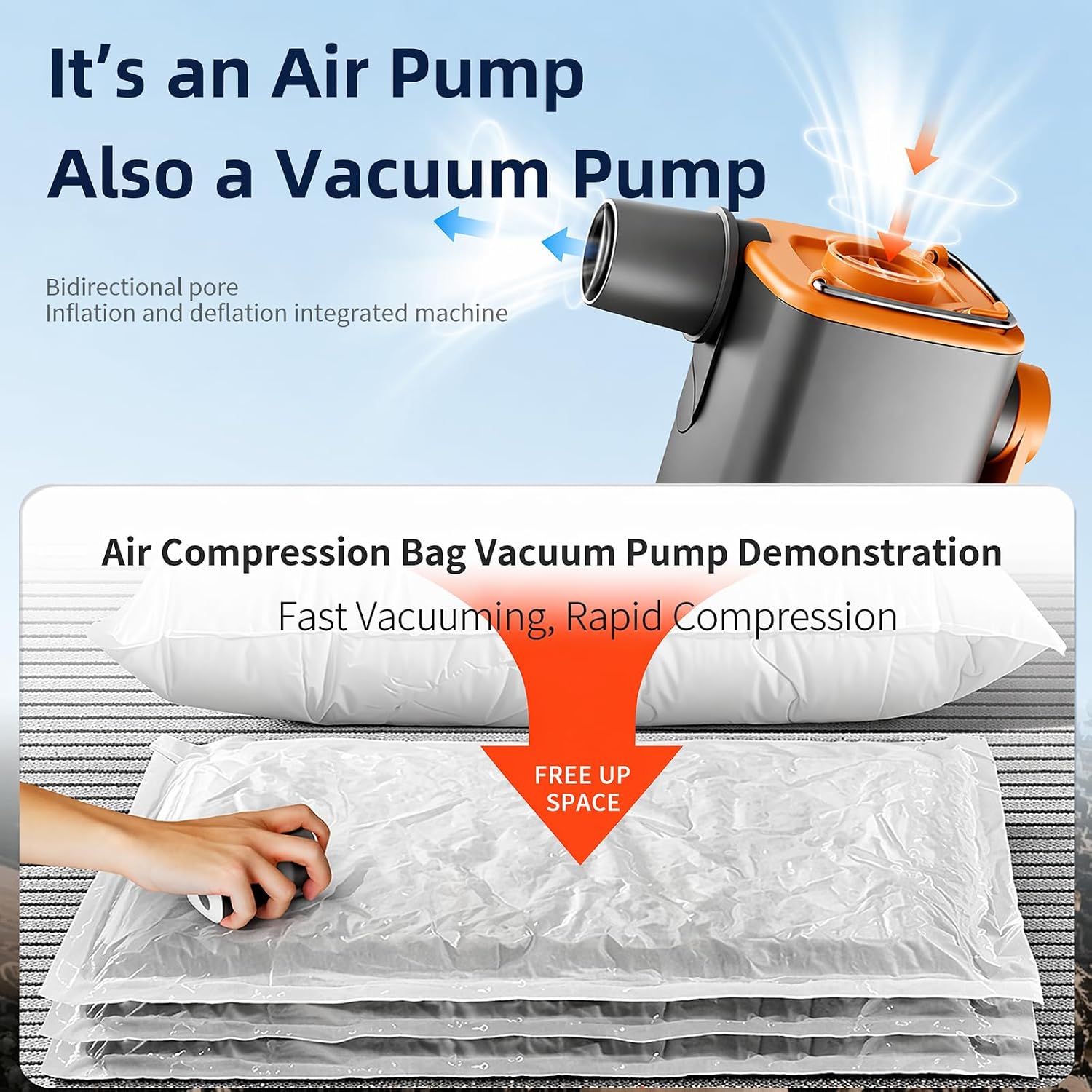Multifunctional 2-in-1 Electric Air Pump, Powerful Inflator & Deflator for Inflatables, Paddle Boards, Balls, Air Mattresses, Pool Floats, with Camping Light, USB-C, Portable, 5 Nozzles, Gray-Orange image 5