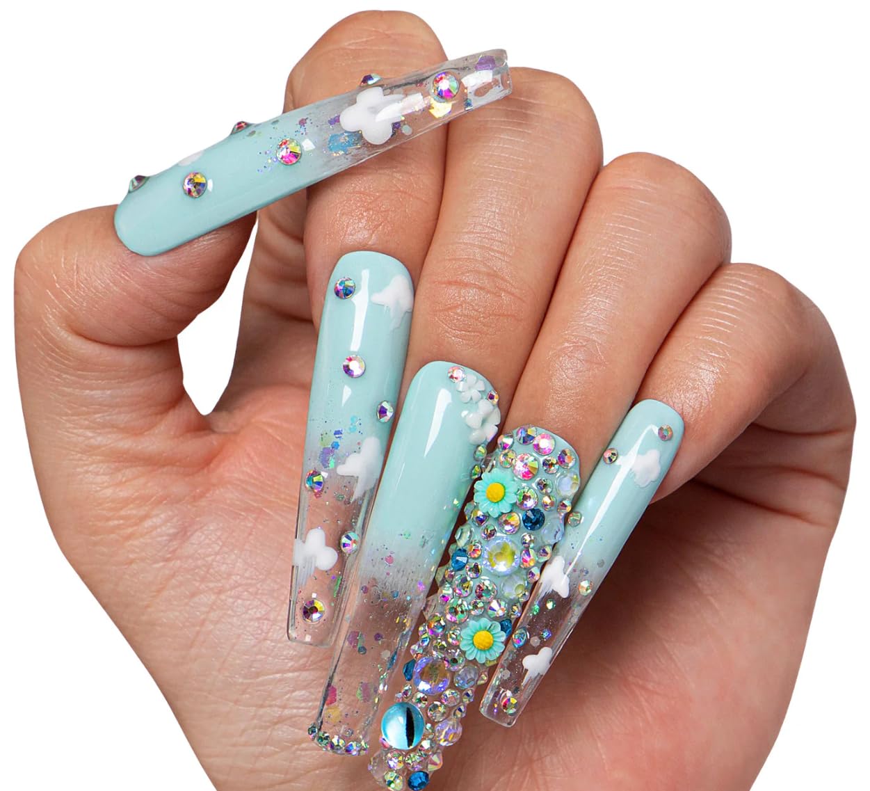 LOVFUL Reusable Press on Nails | Salon Quality Sustainable Style Handmade with Full Covered Crystals | Coffin Mid Length 1.7 in (Bee's First Love, L)