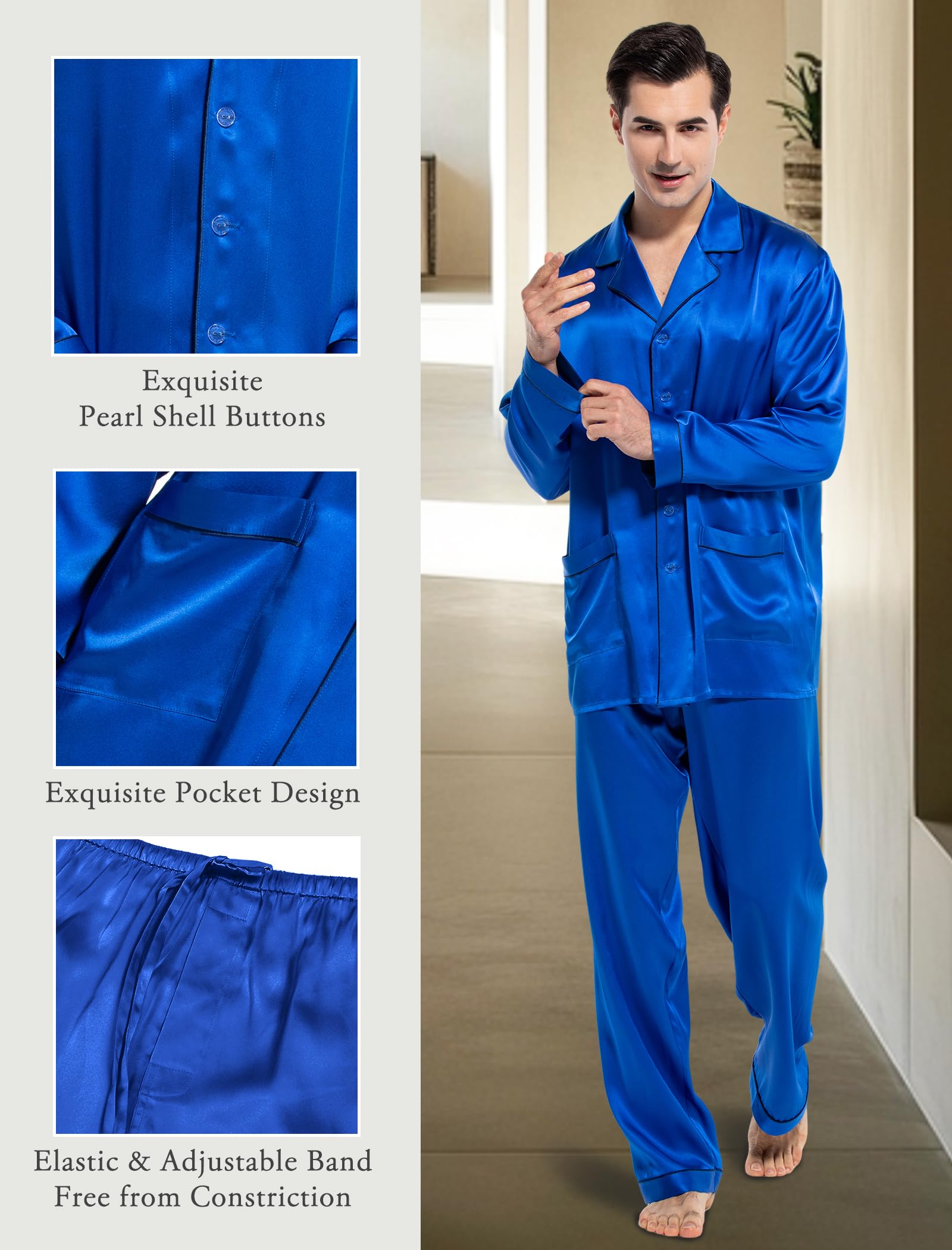 COLD POSH Schlafanzug Herren Pyjama Negligee Lang: Satin Sommer Elegant Nachtwäsche 100% Seide Leicht Weich Sleepwear V Ausschnitt Loungewear Junge Strand Party Reisen Feiertage Navy Blau,L | 2-teiliges weiches leichtes Herren-Pyjama-Set aus Seide für Val