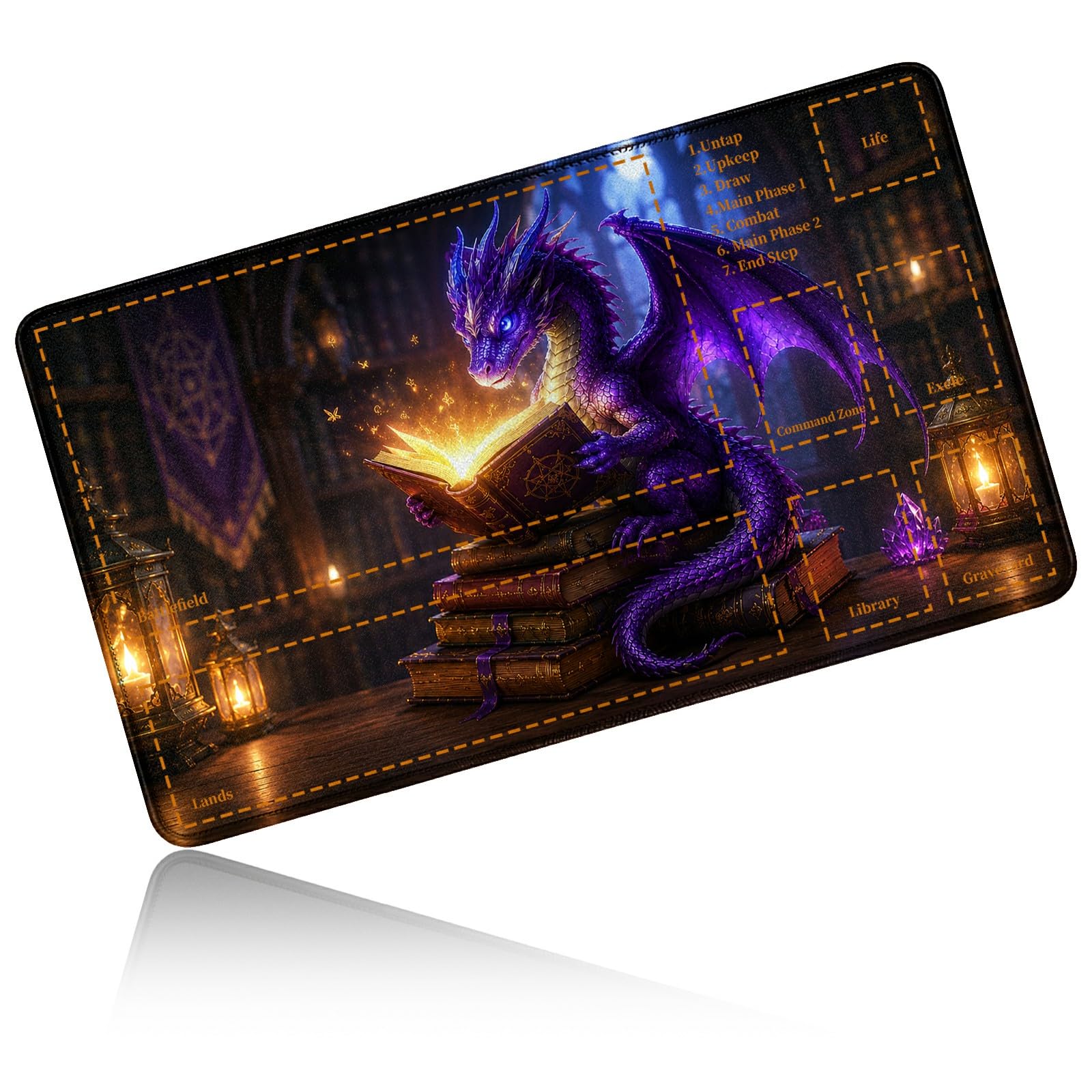 Dikoer for MTG/TCG Playmat w/Zones Commander Deck Gaming Mat, Book Dragon