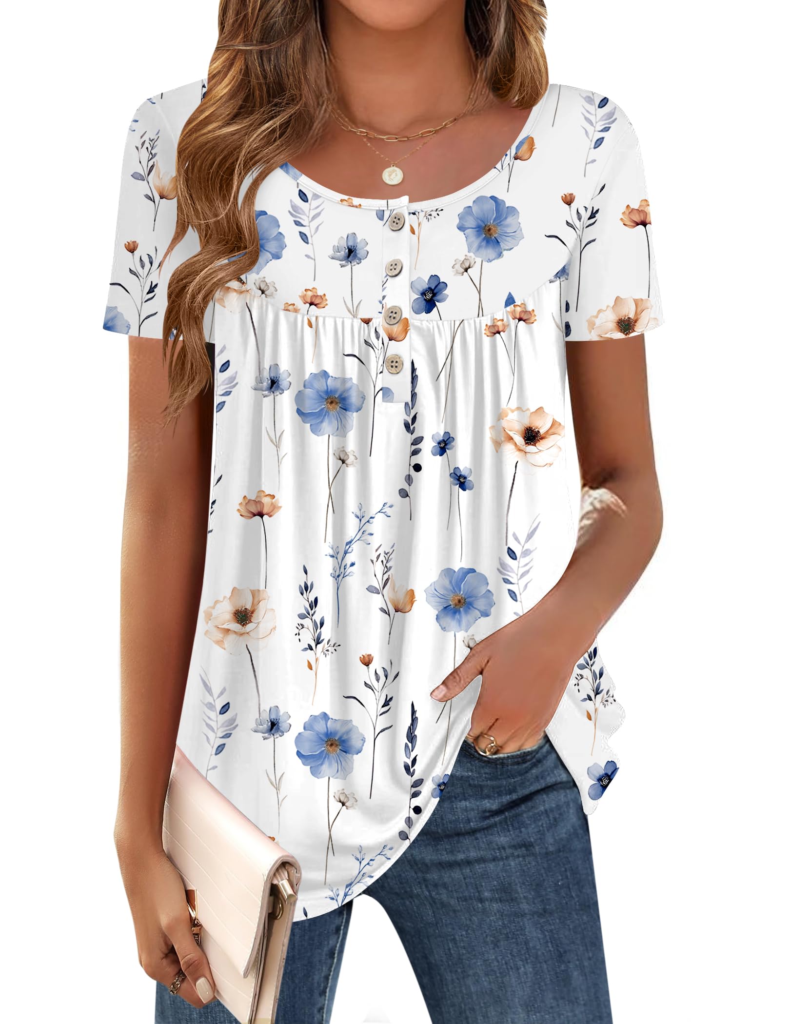 Zeagoo Women Tunic Tops Dressy Casual Summer Short Sleeve Shirts Floral Loose Fit Pleated Boho Top S-XXL