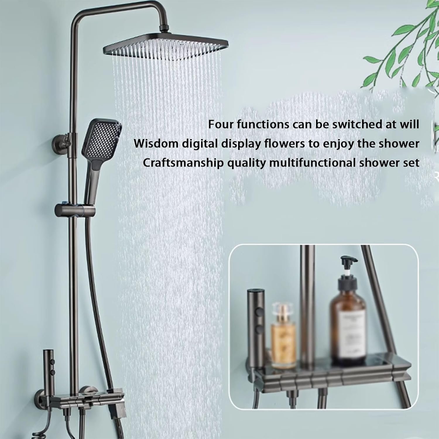 LED Digital Display Shower Shower Set, Wall-Mounted Piano Keys Full Copper Thermostat Home, LED Blue Light Atmosphere Light,Storage Table (Gray hot and Cold)