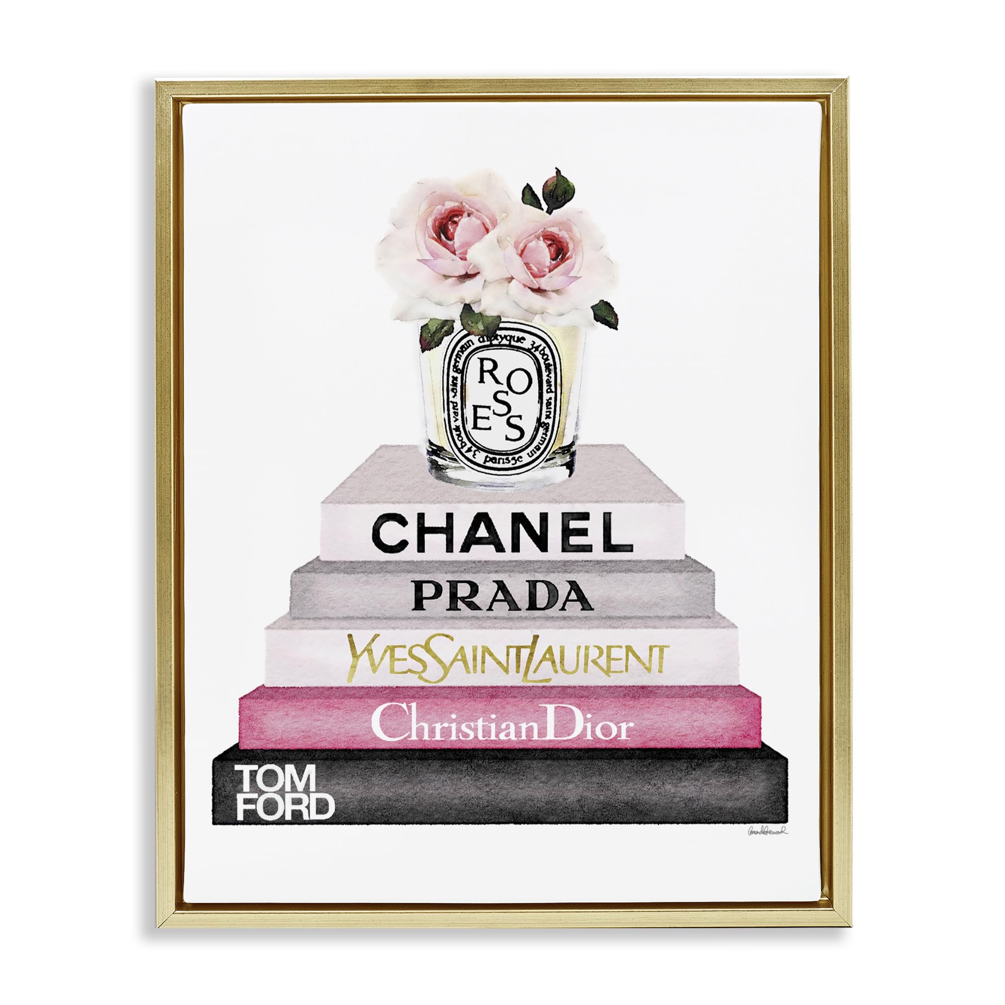 Stupell Industries Book Stack Fashion Candle Pink Rose, Design by Amanda Greenwood, Gold Floater Framed, 24 x 30