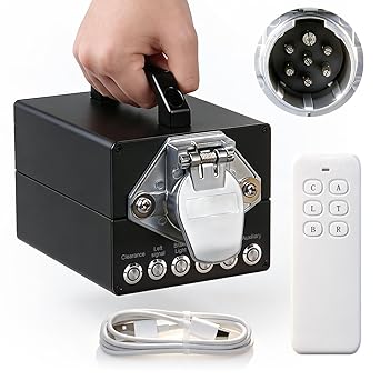 Professional Trailer Light Tester, Wireless Remote One-Person Operation, Built-in 12V 10Ah Rechargeable Battery, IP68 Waterproof All-Metal Housing, Compatible with 7-Way Round Pin Connector
