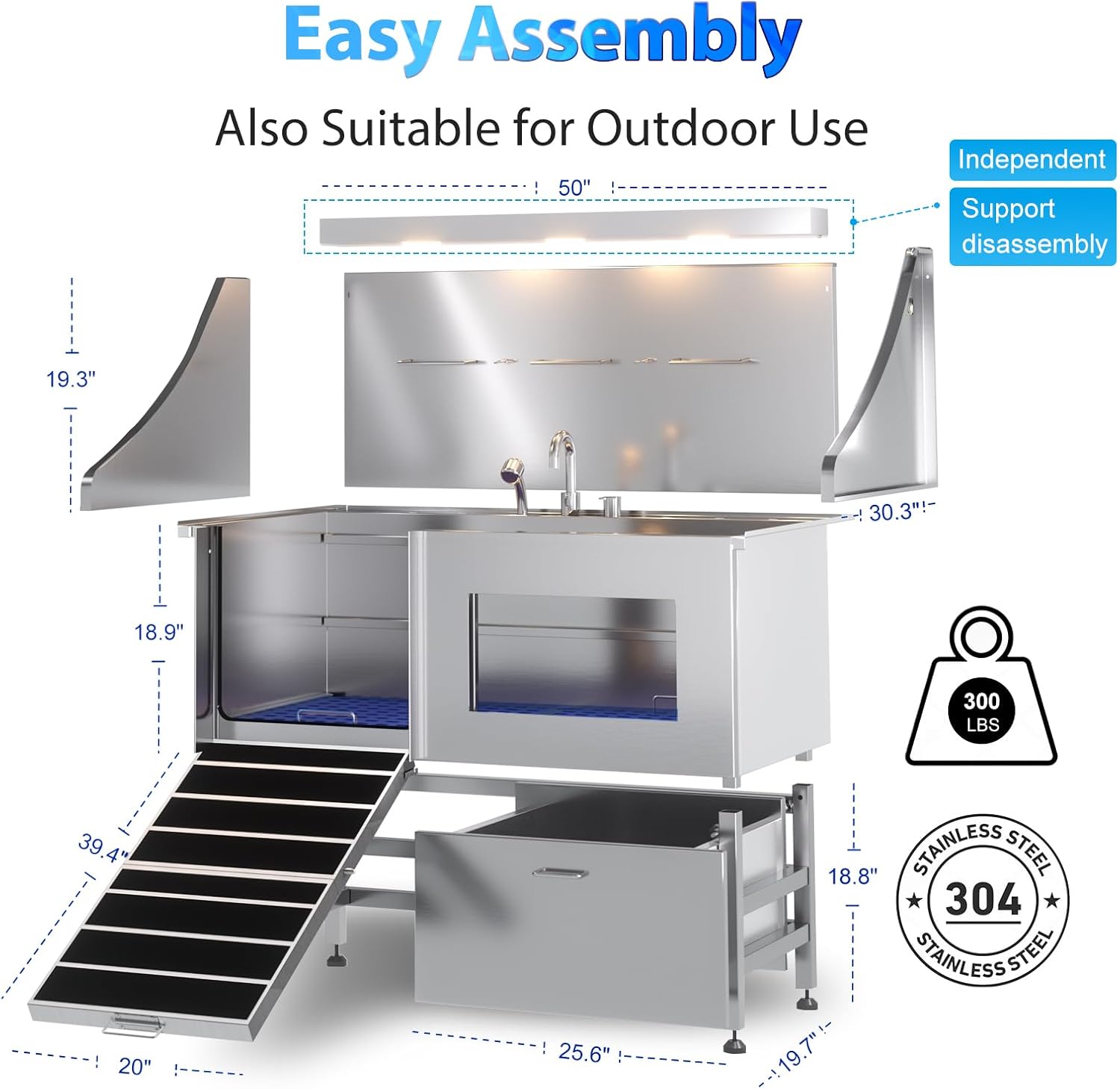 50" Stainless Steel Dog Grooming Station with Ramp and Drawer
