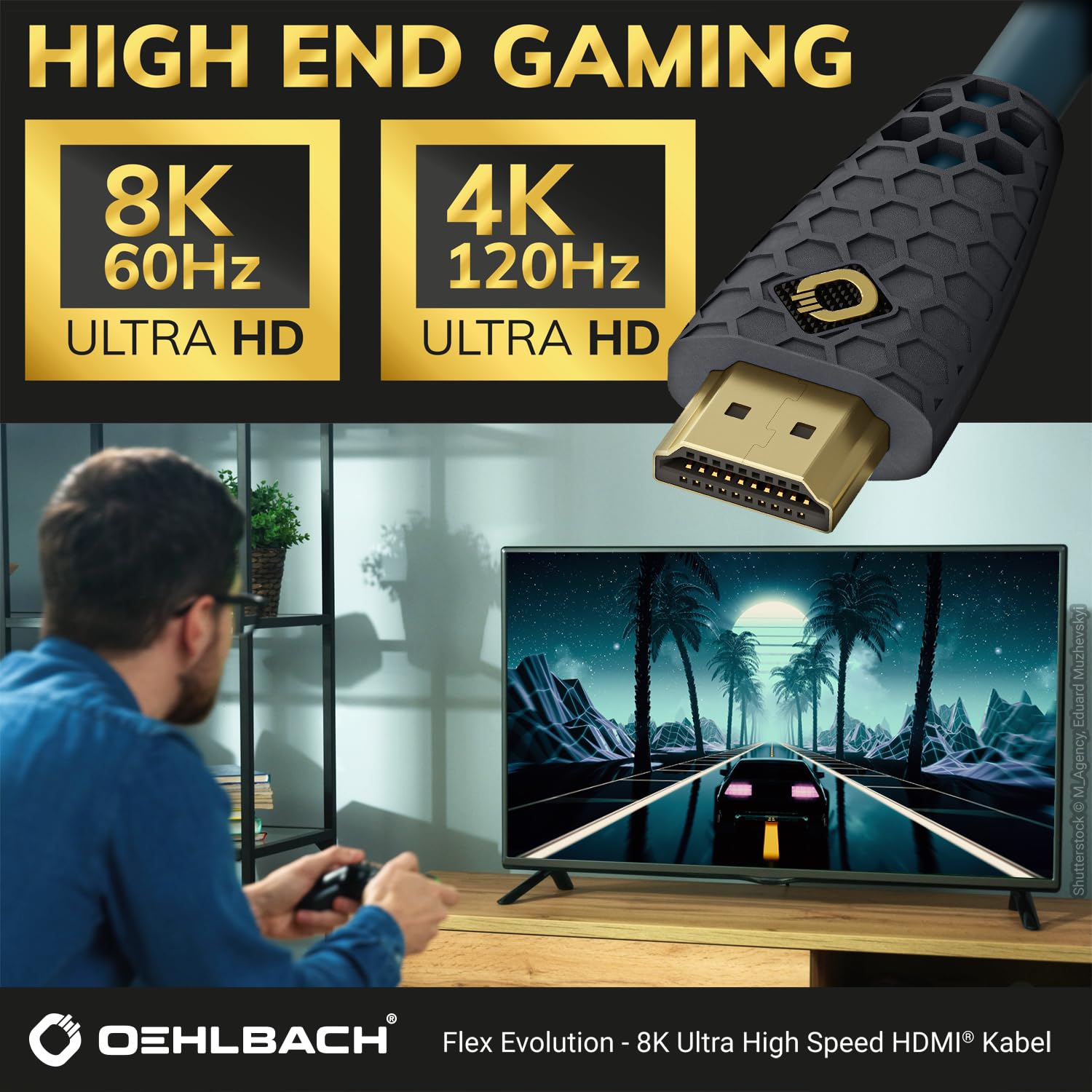 OEHLBACH Flex Evolution - Ultra High-Speed HDMI-Kabel, patentierter Knickschutz, 8K UHD 60Hz 4320p, 4K 120Hz, 2160p - 48Gbit/s, 21:9 Cinema, 3D, Dolby Vision, Dynamic HDR 10+, VRR, eARC, 1,50 Meter