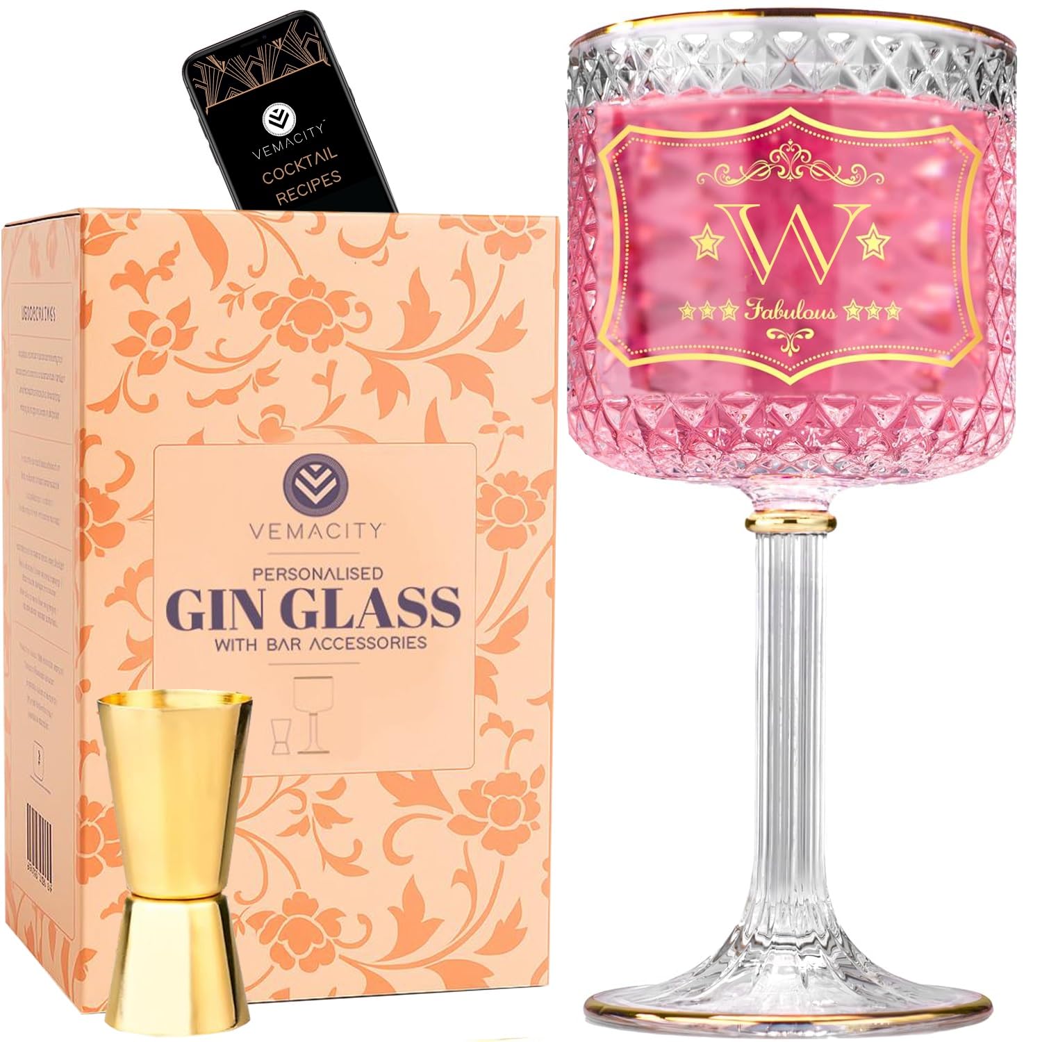 Vemacity Personalised Gin Glass Gifts for Women | Gold Inital: Letter (W) | Matching Gold Bar Accessory | Gin Gifts for Women with Double-Sided Jigger | Aperol Spritz Glassware | Ideal for Gifting
