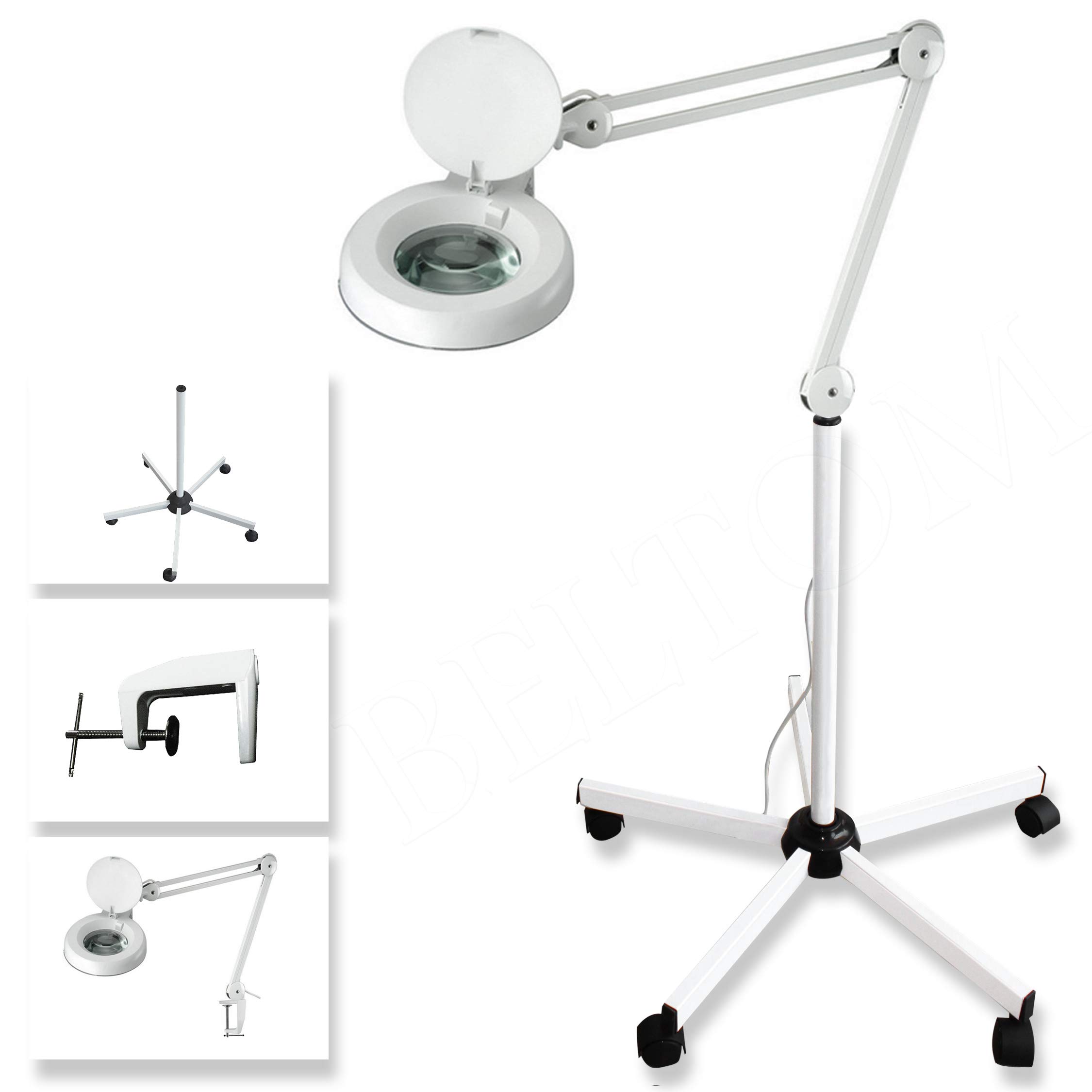 Beltom® Lente 5 DIOTTRIE d'Ingrandimento con STATIVO, Morsetto E Molle Interne E Lampada A Luce Bianca Fredda per Estetista ESTETICA, Laboratorio E LAVORI di PRECISIONE