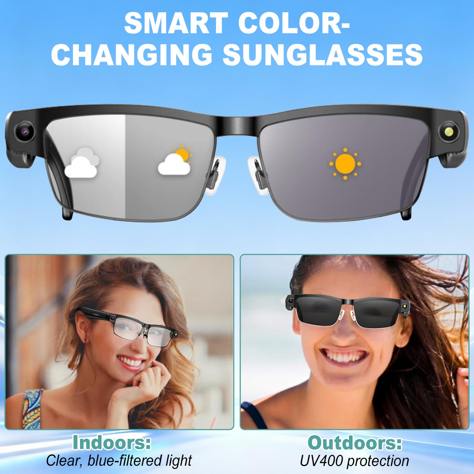 Lunettes AI Smart Camera, 4K 800 W Lunette Camera HD avec Assistant IA pour Traduction en Temps Réel, Traduction Simultanée Identification d'objet GPT lentilles photochromiques, Lunettes Connectées