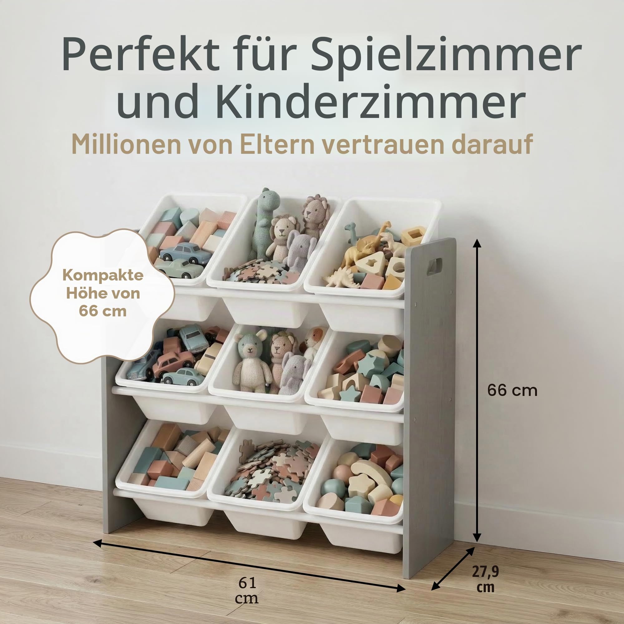 Humble Crew Kinderregal – Spielzeugregal mit 9 Aufbewahrungsboxen, Aufbewahrungsregal für Kinderzimmer, Grau/Weiß