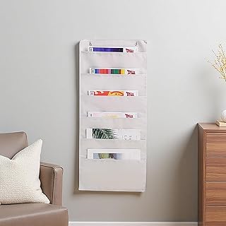 ウォールポケット 6ポケット書類収納 壁掛け A4サイズ 壁掛け ポケット 書類 雑誌 小物 本 資料 収納 布製 ドア掛け レター 吊り下げ 整理整頓 粘着フック2個付き (白色)