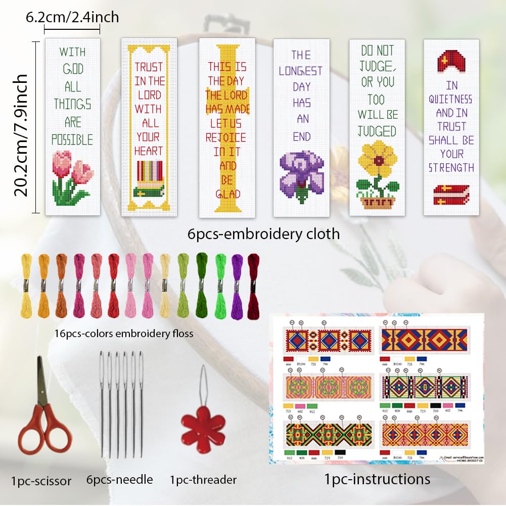 ORIGACH 6 Pcs Cross Stitch Bookmark Kit for Beginner with Backing Felt Floss Instruction Bible Verses Stamped Embroidery Bookmark Kit for Starters Adults Book Lovers
