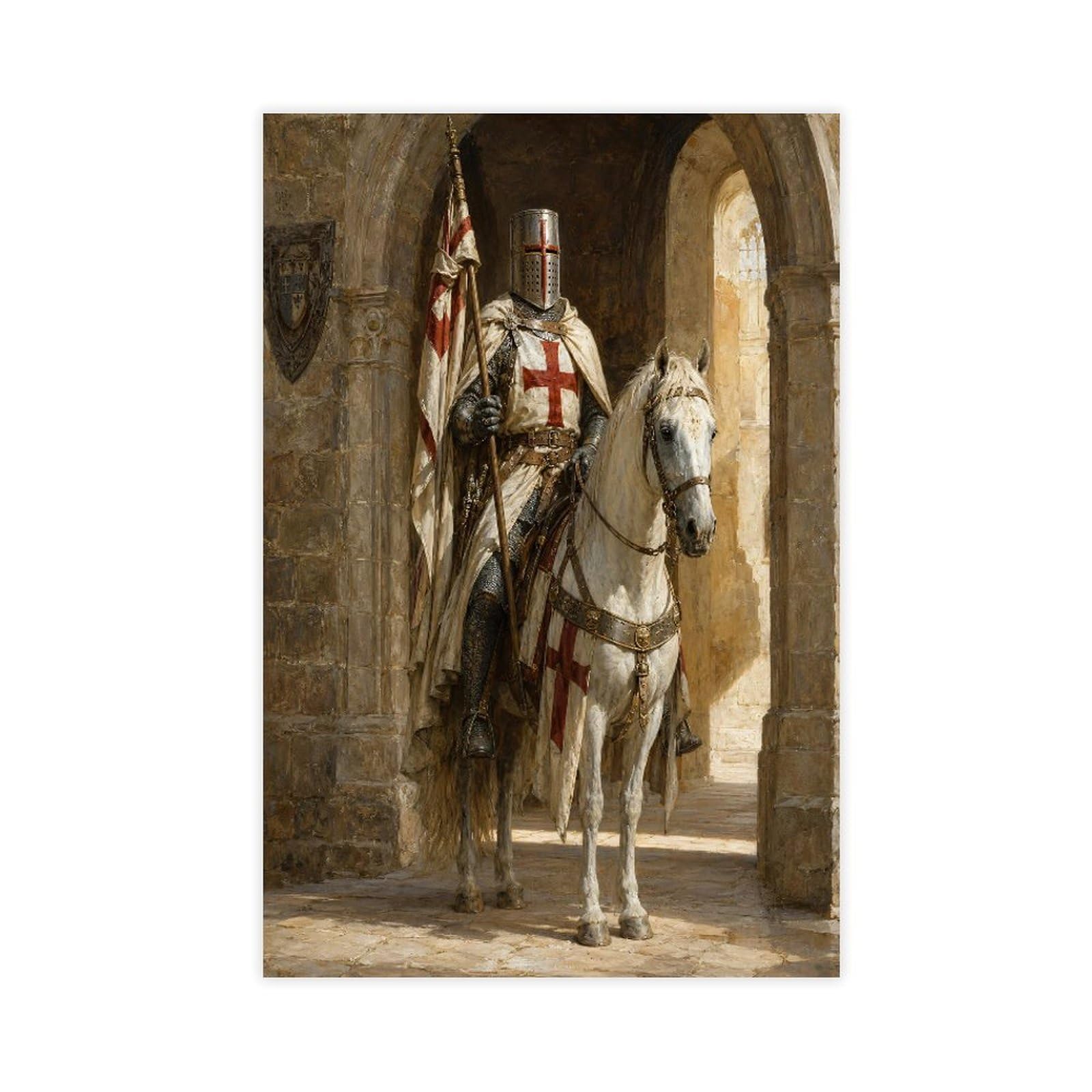 H3b8u2y5 Unframe-Style-16 Crusader Knight Canvas Wall Art, White Horse Gallery Wall