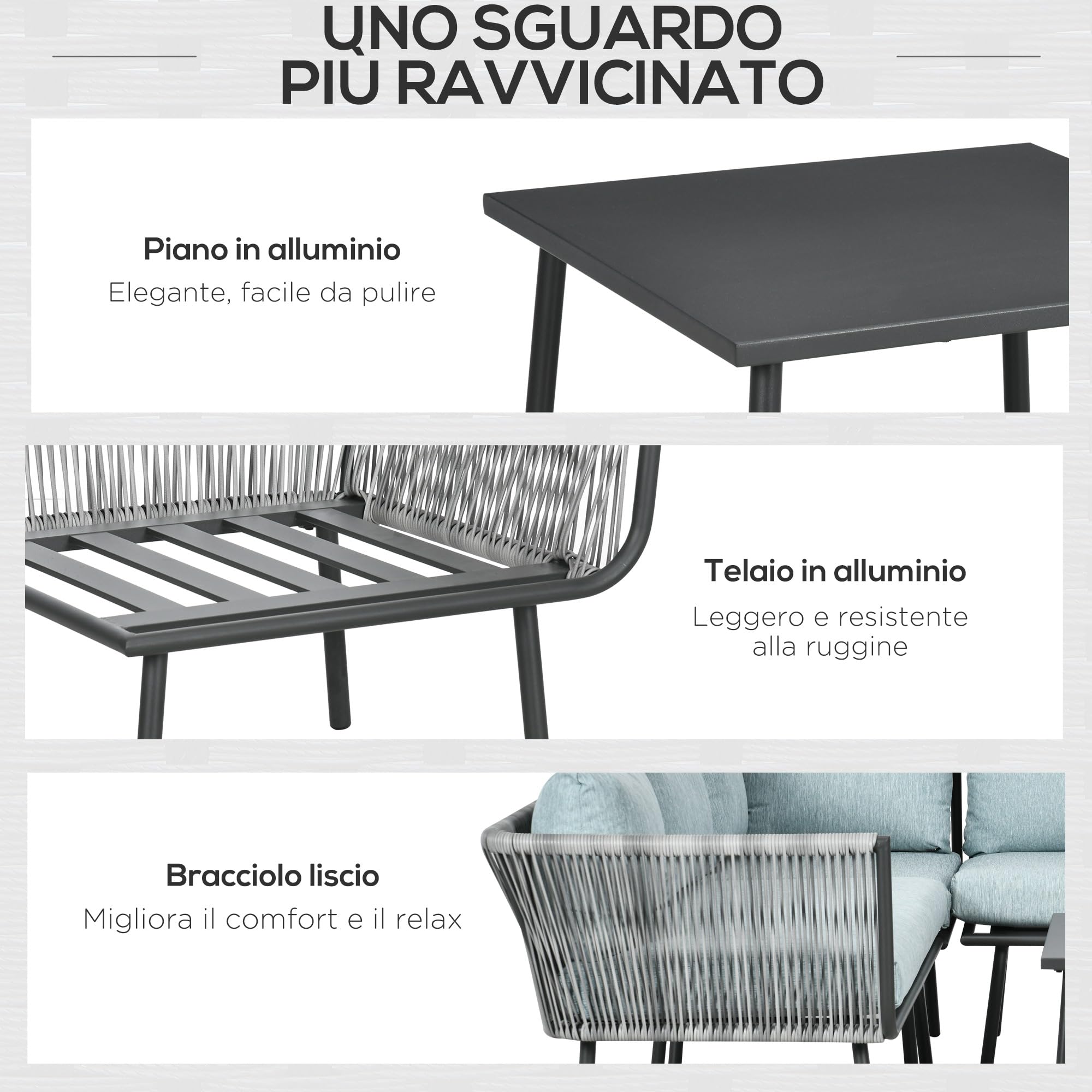 Outsunny Set da Giardino 4 Pezzi in Rattan e Alluminio, Set da Esterno con Tavolino da Caffè, 2 Divani ad Angolo e Poltroncina, Nero Grigio e Blu | Set da Esterno, Tavolino da Caffè, 2 Divani ad Angolo, Poltroncina