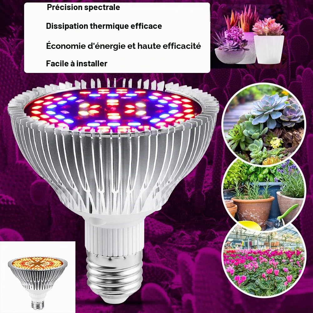Lampe de Croissance LED à Spectre Complet 50W, pour Plantes D'intérieur Légumes et Feurs, E27 Ampoule LED pour Serre Hydroponique, Durable et Haute Efficacité