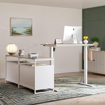 CubiCubi Executive Desk Adjustable Height, Electric Standing Desk with Drawers and Shelves, l Standing Desk with Storage, Light Walnut