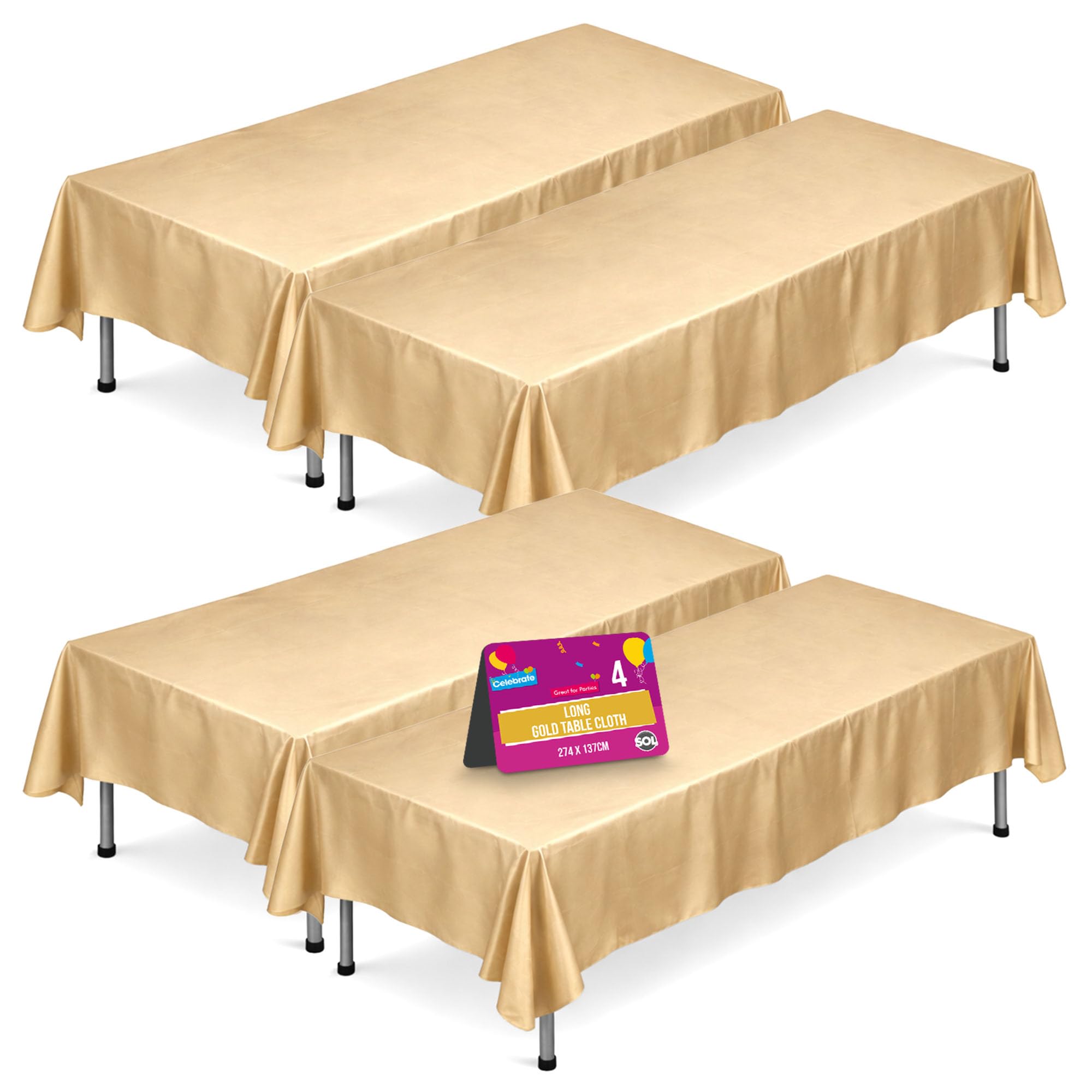 Sol Gold 4Pk Long Table Cloth Party 274X137cm Plastic Cover Disposable Tablecloths For Parties - Spill Protection - Great For Weddings, Buffets, Catering, Restaurants, Outdoor Events & Celebrations